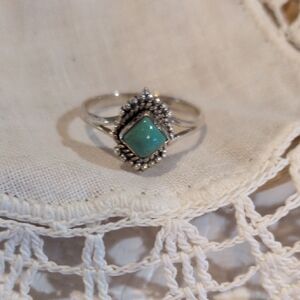 925 Sterling Silver Turquoise Square Halo Ring - Blue Stone